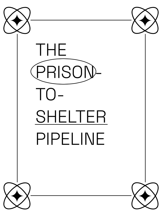 the prison to shelter pipeline as text surrounded by a border of diamonds and lines